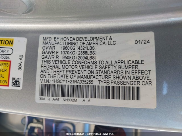 Honda ACCORD LX 2024 1HGCY1F21RA035255 Image 9