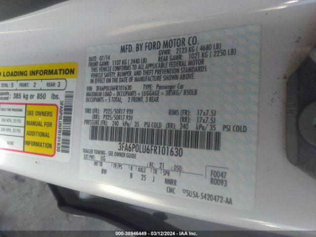 3FA6P0LU6FR101630 Ford Fusion Hybrid Se