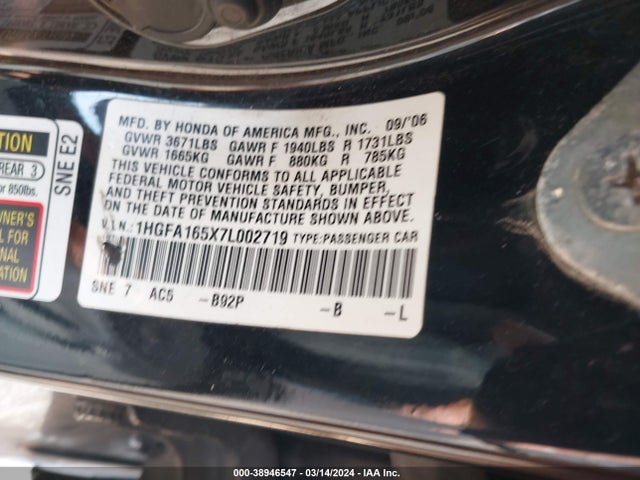 Aukcja sprzedaży 2007 Honda Civic Lx, vin: 1HGFA165X7L002719, numer aukcji: 38946547