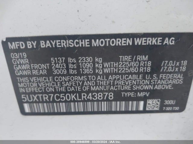 BMW X3 Sdrive30i 2019 5UXTR7C50KLR43878 Image 9