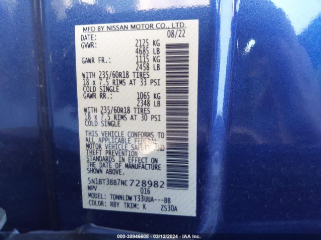 5N1BT3BB7NC728982 Nissan Rogue Sv Intelligent Awd