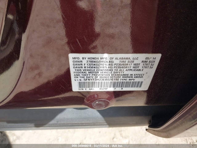 Honda PILOT LX 2014 5FNYF3H23EB026190 Image 9