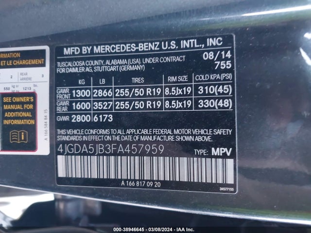 Mercedes-Benz ML 350 2015 4JGDA5JB3FA457959 Image 9