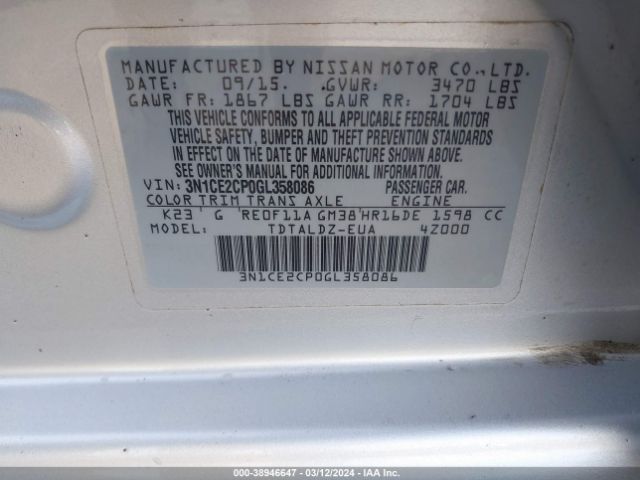 3N1CE2CP0GL358086 Nissan Versa Note S (sr)/s Plus/sl/sr/sv