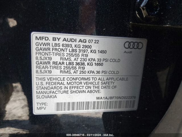 WA1AJBF70ND022379 Audi Q7 Premium 45 Tfsi Quattro Tiptronic