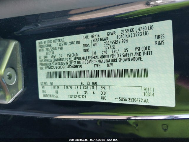 Ford ESCAPE SE 2018 1FMCU9GD9JUD40610 Image 9