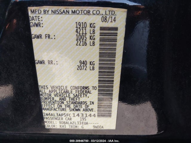 Nissan ALTIMA 2.5 2015 1N4AL3AP5FC143144 Image 9