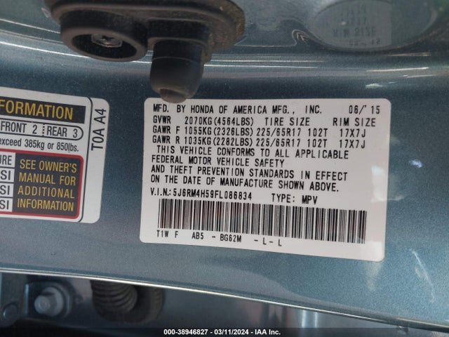 Honda CR-V EX 2015 5J6RM4H59FL086834 Image 9