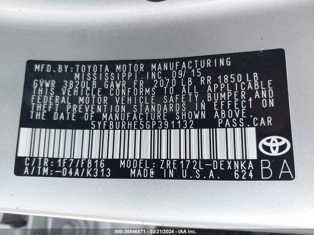 Toyota Corolla Le Plus 2016 5YFBURHE5GP391132 Image 9