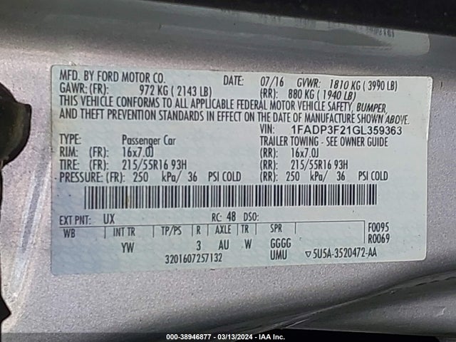 Ford FOCUS SE 2016 1FADP3F21GL359363 Image 9