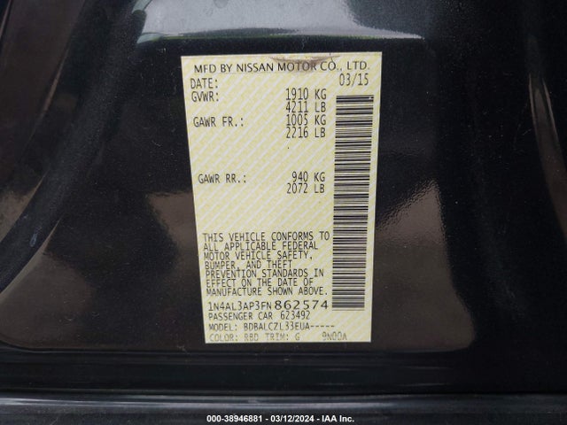 Nissan Altima 2.5 S 2015 1N4AL3AP3FN862574 Image 9