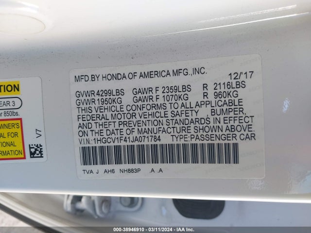 Honda ACCORD EX 2018 1HGCV1F41JA071784 Image 9