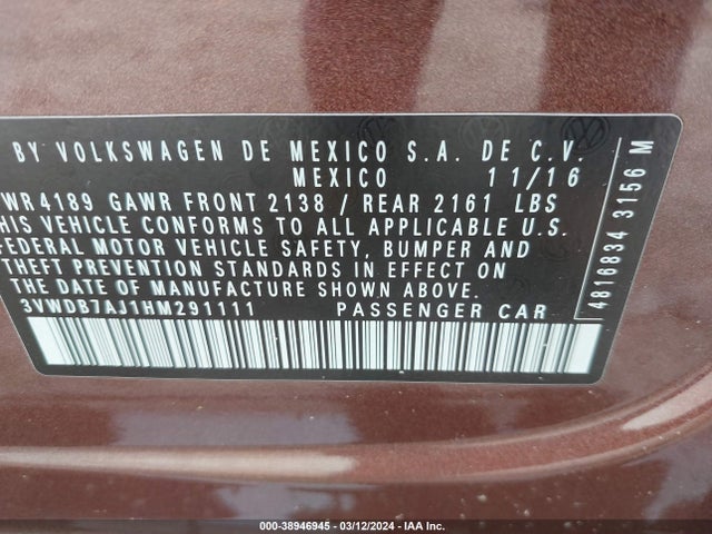 3VWDB7AJ1HM291111 Volkswagen Jetta 1.4t Se