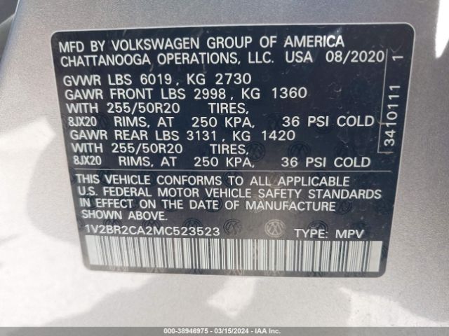 1V2BR2CA2MC523523 Volkswagen Atlas 3.6l V6 Sel