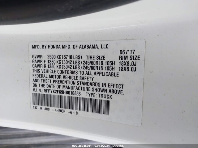 Honda Ridgeline Rtl-t 2017 5FPYK2F69HB010888 Image 9