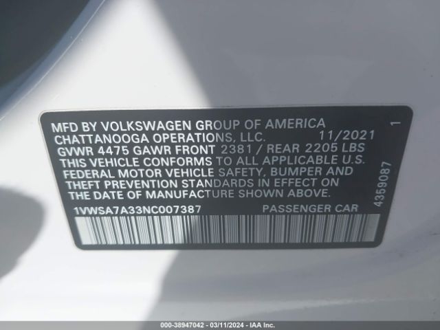 1VWSA7A33NC007387 Volkswagen Passat 2.0t Se