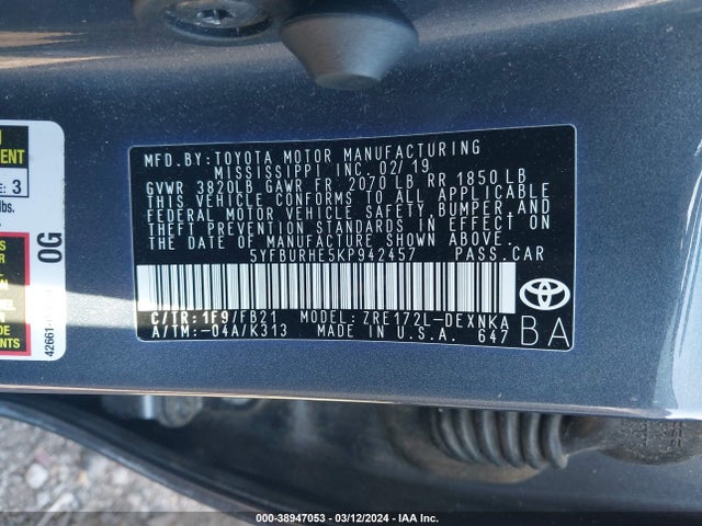 Toyota COROLLA LE 2019 5YFBURHE5KP942457 Image 9