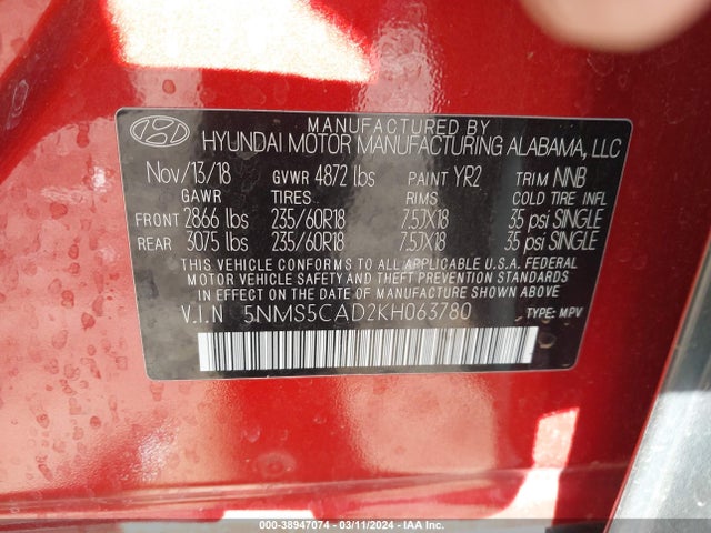 Hyundai Santa Fe Limited 2019 5NMS5CAD2KH063780 Image 9