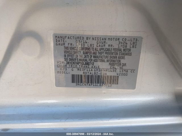 3N1CN7AP1GL880712 Nissan Versa 1.6 Sv