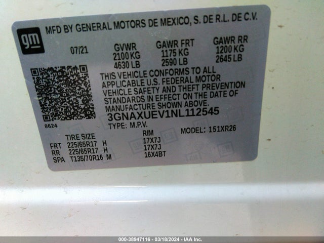 Chevrolet Equinox Awd Lt 2022 3GNAXUEV1NL112545 Image 9
