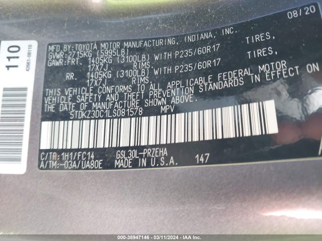 Toyota SIENNA LE 2020 5TDKZ3DC1LS081578 Image 9