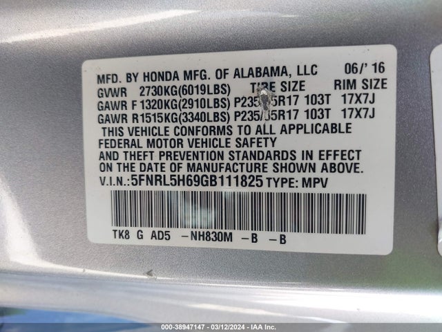Honda Odyssey Ex-l 2016 5FNRL5H69GB111825 Image 9
