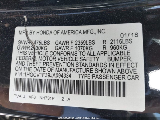 Honda Accord Sport 2018 1HGCV1F39JA094334 Image 9