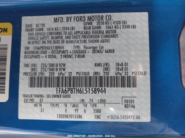 Ford Mustang Ecoboost Premium Fastback 2020 1FA6P8TH6L5158944 Image 9