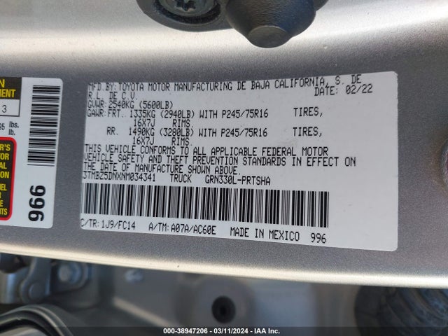 Toyota Tacoma Sr5 V6 2022 3TMBZ5DNXNM034341 Image 9