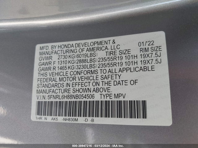 Honda Odyssey Touring 2022 5FNRL6H88NB054506 Image 9