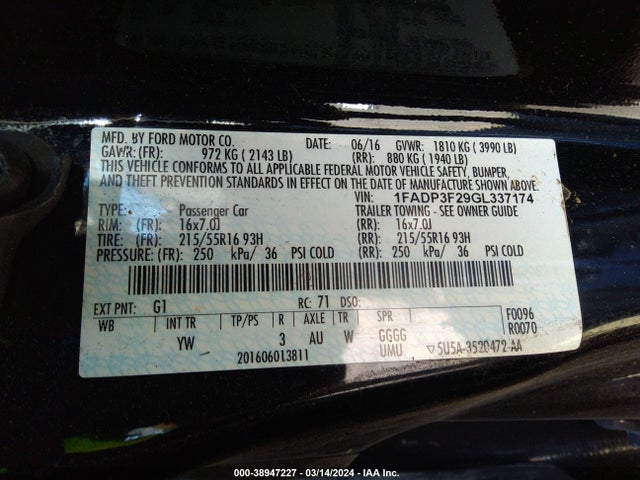 Ford FOCUS SE 2016 1FADP3F29GL337174 Image 9