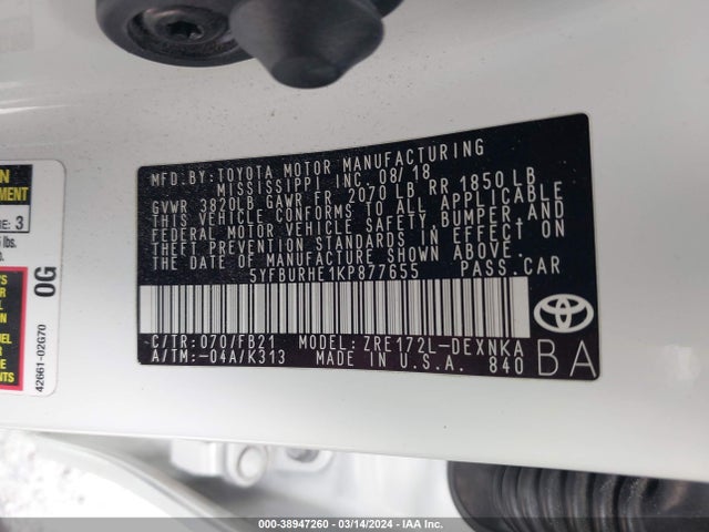 Toyota COROLLA LE 2019 5YFBURHE1KP877655 Image 9