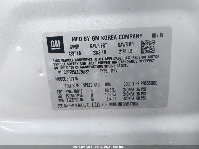 Chevrolet Trax Awd Lt 2020 KL7CJPSB5LB026522 Image 9