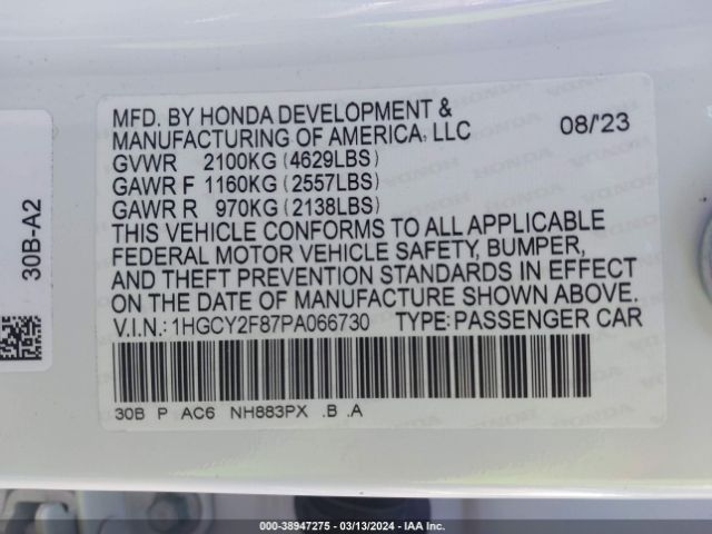 1HGCY2F87PA066730 Honda Accord Hybrid Touring