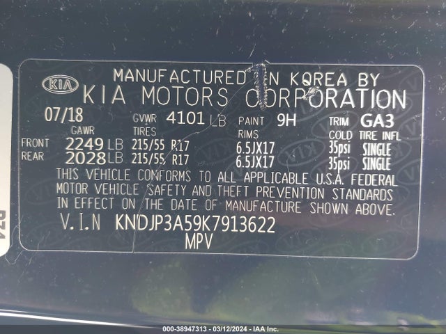 KIA SOUL + 2019 KNDJP3A59K7913622 Image 9