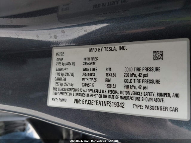 2022 TESLA MODEL 3 5YJ3E1EA1NF319342 Photo 8