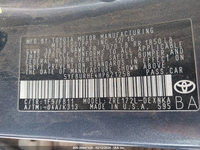 Toyota COROLLA LE 2017 5YFBURHE4HP621258 Image 9
