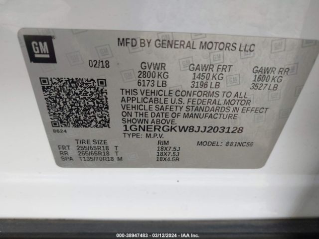 1GNERGKW8JJ203128 Chevrolet Traverse 1lt