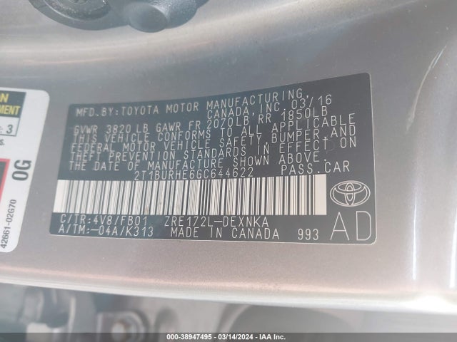 Toyota COROLLA LE 2016 2T1BURHE6GC644622 Image 9