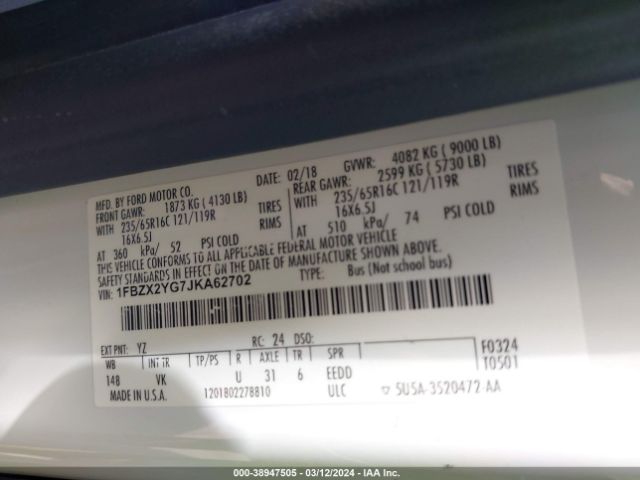1FBZX2YG7JKA62702 Ford Transit-350 Xl