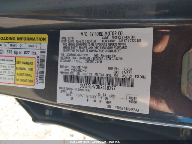 Ford FUSION SE 2017 3FA6P0H73HR410297 Image 9