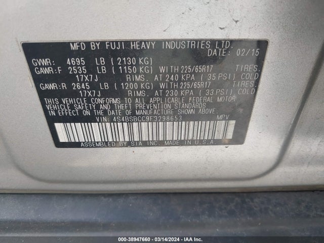 Subaru Outback 2.5i Premium 2015 4S4BSBCC9F3298653 Image 9
