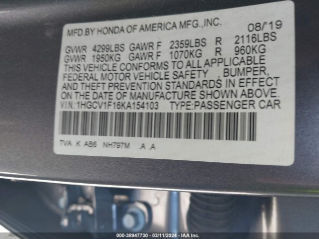 1HGCV1F16KA154103 Honda ACCORD LX