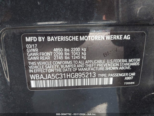 BMW 530I 2017 WBAJA5C31HG895213 Image 9