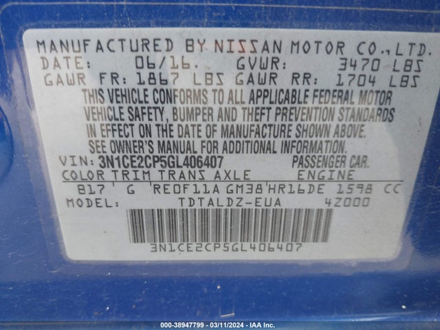 Nissan Versa Note S (sr)/s Plus/sl/sr/sv 2016 3N1CE2CP5GL406407 Image 9