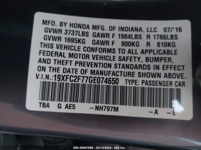 Honda CIVIC EX 2016 19XFC2F77GE074650 Image 9