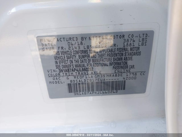 Nissan SENTRA SV 2018 3N1AB7AP4JL660262 Image 9