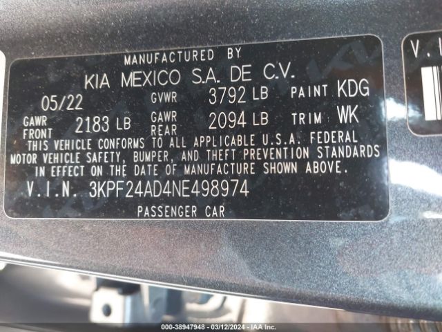 3KPF24AD4NE498974 KIA FORTE FE