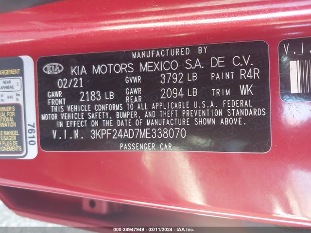 KIA Forte Lxs 2021 3KPF24AD7ME338070 Image 9
