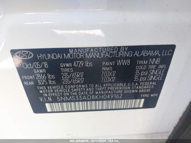 Hyundai Santa Fe Sel 2019 5NMS33AD8KH049162 Image 9